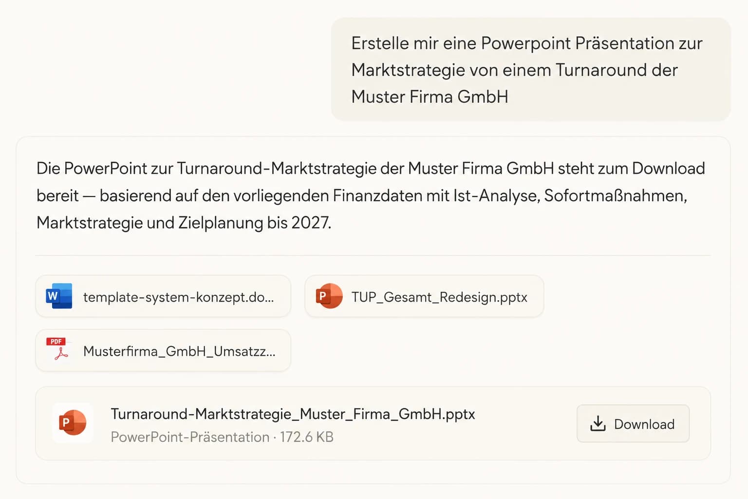 Lissa Chat erstellt eine PowerPoint-Präsentation aus vorhandenen Unterlagen